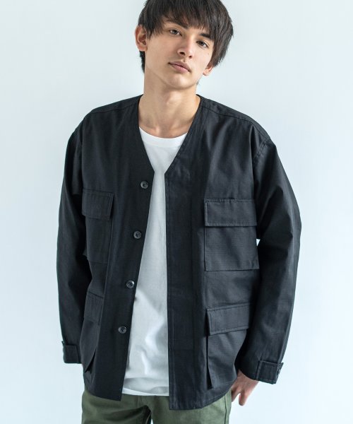 ミリタリージャケット メンズ レディース ショート丈 ノーカラー ライトアウター レイヤード 重ね着 ワーク 綿 コットン ツイル 経年変化 オーバーサイズ ル ロッキーモンロー Rocky Monroe Magaseek