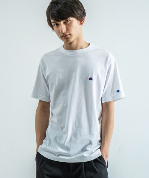 Rocky Monroe(ロッキーモンロー)/半袖Tシャツ メンズ ユニセックス ワンポイント ロゴ 刺繍 無地 シンプル カジュアル 綿 コットン BASIC Champion チャンピオン クルーネック/ホワイト