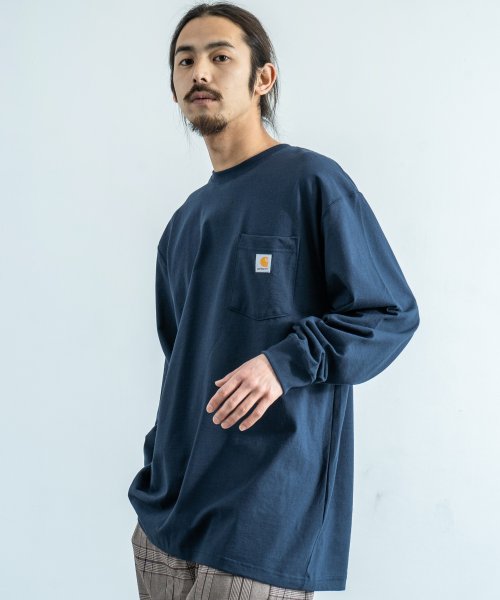 Rocky Monroe(ロッキーモンロー)/CARHARTT カーハート Tシャツ 長袖 メンズ ロンT 無地 ポケット ワークウェア ルーズシルエット ビッグ オーバーサイズ ドロップショルダー クルー/ネイビー