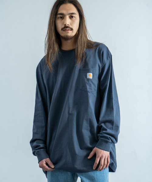 Rocky Monroe(ロッキーモンロー)/CARHARTT カーハート Tシャツ 長袖 メンズ ロンT 無地 ポケット ワークウェア ルーズシルエット ビッグ オーバーサイズ ドロップショルダー クルー/ブルー