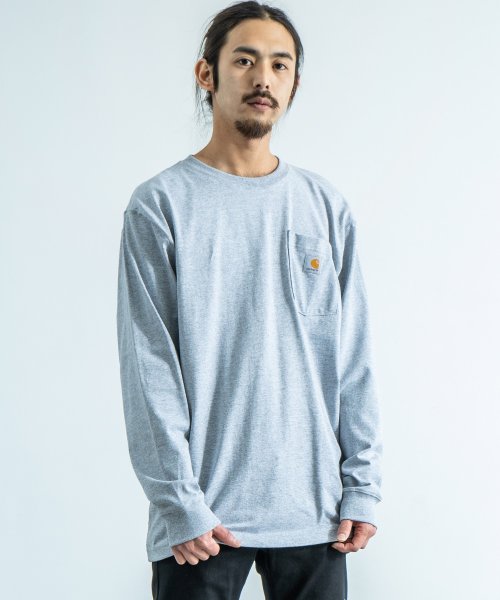 Rocky Monroe(ロッキーモンロー)/CARHARTT カーハート Tシャツ 長袖 メンズ ロンT 無地 ポケット ワークウェア ルーズシルエット ビッグ オーバーサイズ ドロップショルダー クルー/グレー