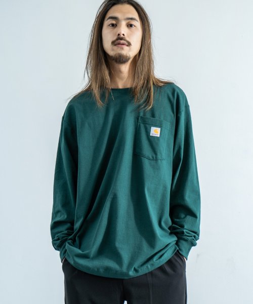 Rocky Monroe(ロッキーモンロー)/CARHARTT カーハート Tシャツ 長袖 メンズ ロンT 無地 ポケット ワークウェア ルーズシルエット ビッグ オーバーサイズ ドロップショルダー クルー/グリーン