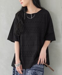 osharewalker(オシャレウォーカー)/『ツイストネック×レース切替Tシャツ』/ブラック