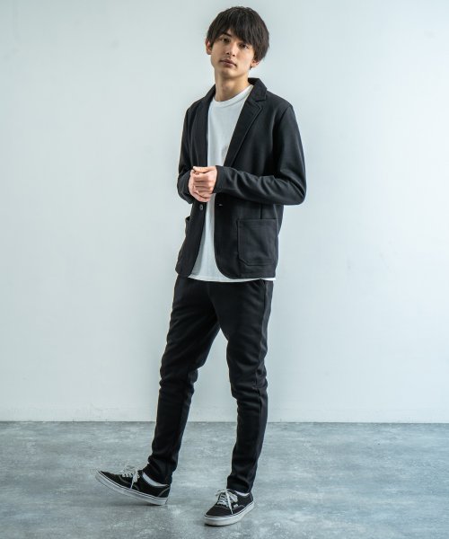 セットアップ メンズ テーラードジャケット 春秋 テーパードパンツ カジュアルスーツ ストレッチ 伸縮性 無地 2点セット 細身 黒 上下セット Setup ロッキーモンロー Rocky Monroe Magaseek