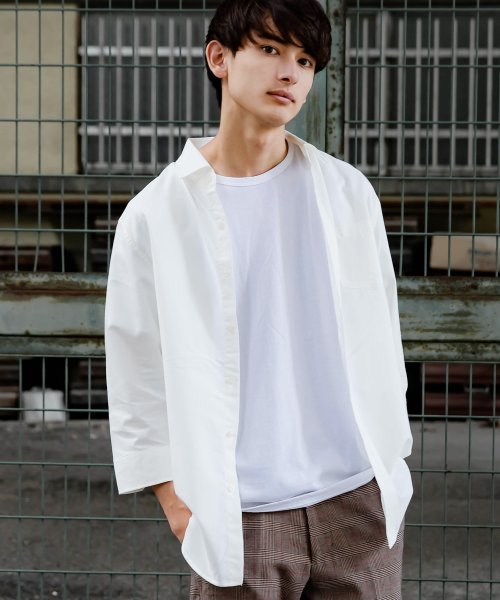 レギュラーカラーシャツ メンズ オックスフォード ストレッチ 重ね着 着回し 綿 麻 リネン 伸縮性 コットン 7分袖 春夏 シンプル 無地 カジュアル 861 ロッキーモンロー Rocky Monroe Magaseek