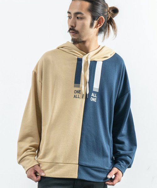 パーカー メンズ プルオーバー おしゃれ 長袖 バイカラー プリント 英字 裏毛 スウェット ルーズシルエット ドロップショルダー ビッグシルエット ゆったり ロッキーモンロー Rocky Monroe Magaseek