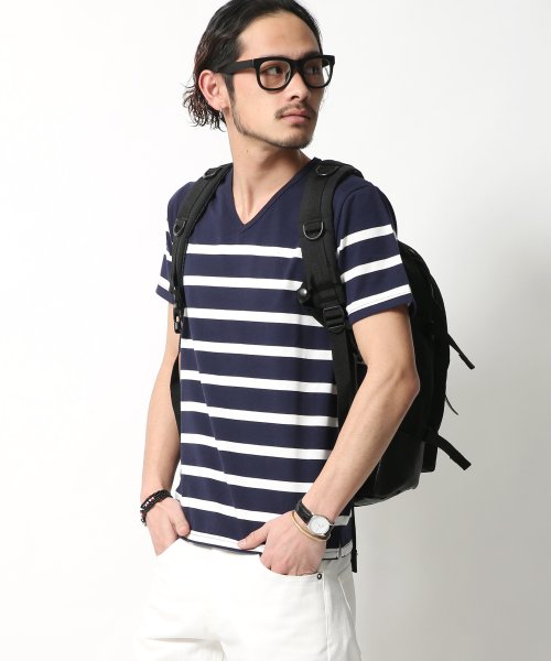 ボーダーtシャツ メンズ Vネック 半袖 カットソー マリンボーダー 中ピッチ 5634 ロッキーモンロー Rocky Monroe Magaseek