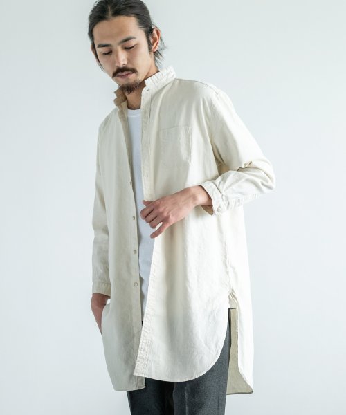 リネンシャツ メンズ シャツコート 白 綿麻 無地 ロング カジュアル スタンドカラー 春夏 日本製 国産 Upscape Audience アップスケープオー ロッキーモンロー Rocky Monroe Magaseek