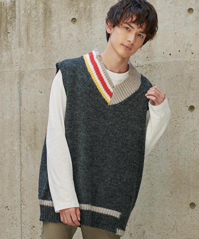 ニットベスト メンズ セーター チルデン トラッド プレッピー アイビー ジレ ビッグシルエット ドロップショルダー オーバーサイズ ライン シンプル カジュア ロッキーモンロー Rocky Monroe Magaseek