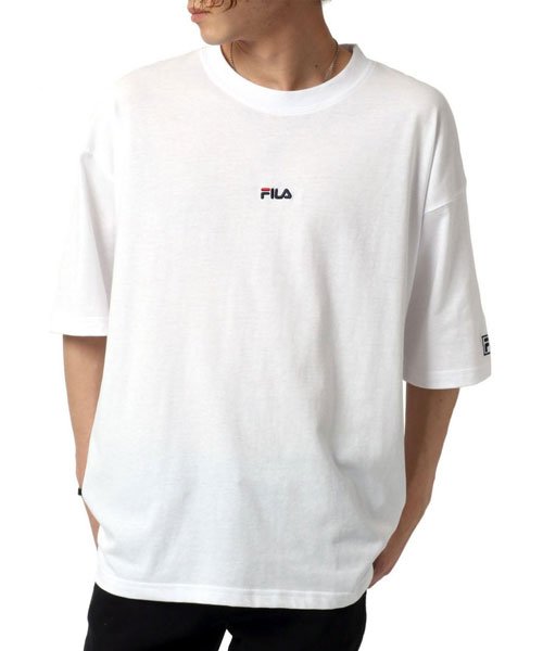 MARUKAWA(マルカワ)/【別注】【FILA】フィラ ビッグシルエット ミニロゴ刺繍 バックロゴプリント 切替 半袖Ｔシャツ ユニセックス/ホワイト