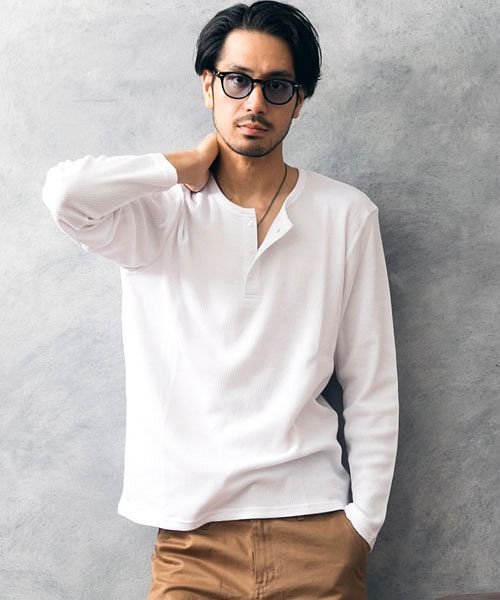 ロンtメンズtシャツ長袖ヘンリーネック無地カットソーサーマルワッフルロングtシャツシンプル マエストーソ Maestoso Magaseek