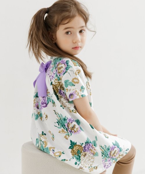 クーポン セール 64 Off バックリボン ギャザー花柄チュニックワンピース 子供服bee 子供服bee Magaseek
