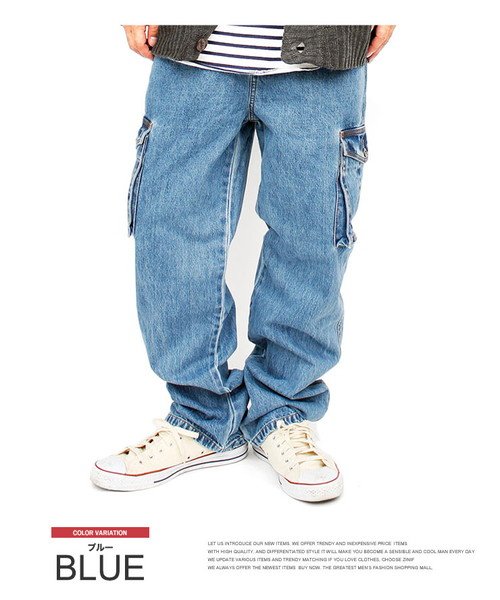 デニム カーゴパンツ メンズ 大きいサイズ ゆったり ワイド ウエストゴム デニムパンツ ジーンズ 青 ミリタリー ジーパン インディゴ イージーパンツ 迷彩 ワンカラーズ One Colors Magaseek