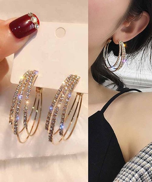 セール 30 Off ピアス レディース ビジューピアス ロングピアス リング キラキラゴールド シルバー 大ぶり フープピアス 3連 きれいめ ショッピングゴー Shoppinggo Magaseek