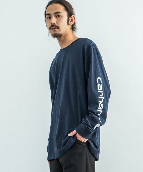 Rocky Monroe(ロッキーモンロー)/CARHARTT カーハート ロングTシャツ 長袖 カットソー クルーネック メンズ レディース ユニセックス プリント ヘビーウェイト オンス ロゴ 綿 コッ/ネイビー