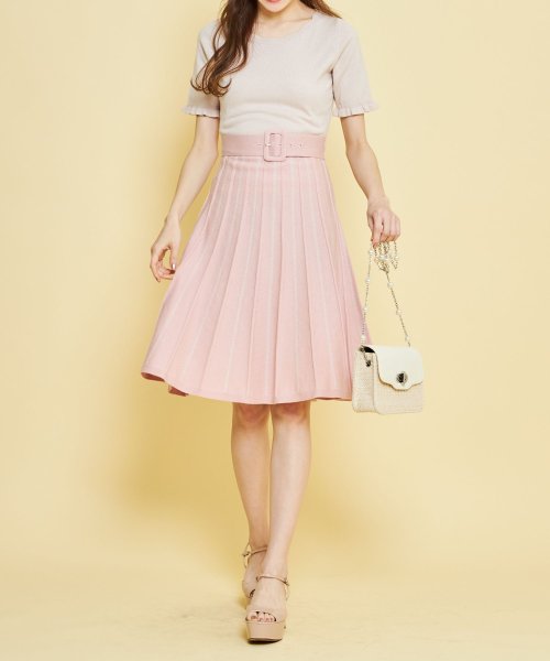 tocco closet(トッコクローゼット)/ベルト付き袖口フリルストライプ切替配色スカラネックニットワンピース/PINK