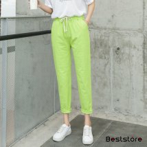 Beststore(ベストストア)/レディースファッション通販スウェットパンツジョガ－パンツボトムポケット付き綿麻パンツロングパンツリネンパンツ綿麻パンツカラーパンツコットンリネンパンツシンプルナ/ライトグリーン