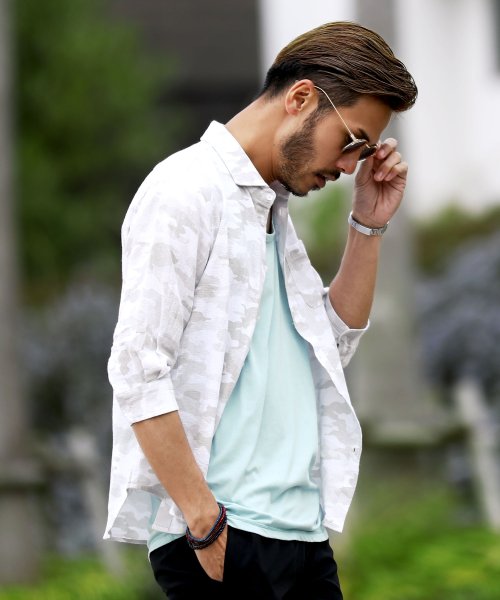 セール 綿麻パナマ織ストレッチシャツ シャツ メンズ カジュアルシャツ パナマシャツ 長袖 7分袖 テレワーク ジギーズショップ Jiggys Shop Magaseek