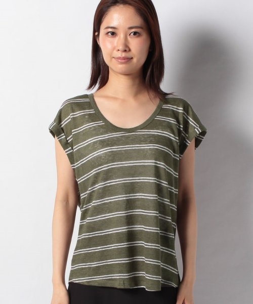 BENETTON (women)(ベネトン（レディース）)/リネンラウンドネックボーダー半袖Tシャツ・カットソー/カーキ