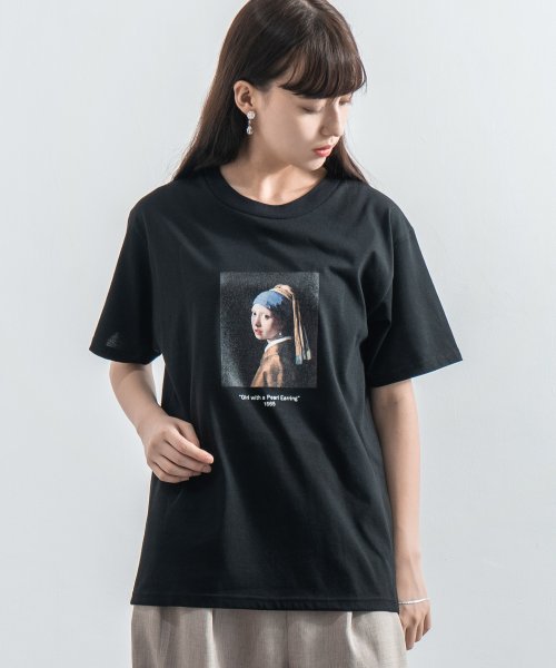 Rocky Monroe(ロッキーモンロー)/Tシャツ 半袖 メンズ レディース 絵画 プリント シンプル カジュアル ストリート ダヴィンチ ひまわり バベル ゴッホ フェルメール 真珠の耳飾りの少女 綿/ブラック系4