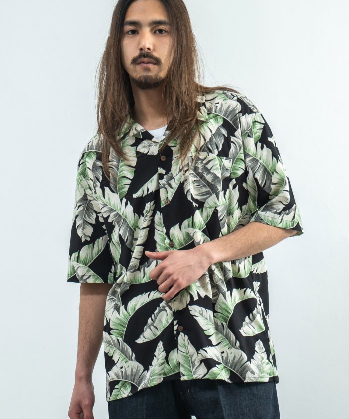 総柄シャツ オープンカラー 開襟 メンズ ハワイ アロハ 日本製 国産 ビッグシルエット コットン レーヨン 綿 キューバ ボタニカル柄 サスティナブル Ups ロッキーモンロー Rocky Monroe Magaseek