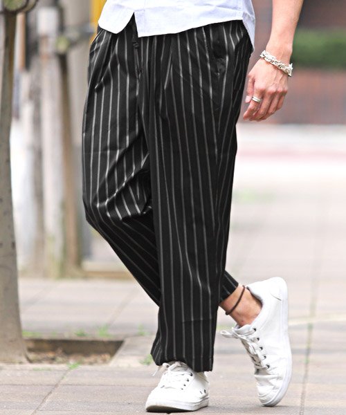 セール ストレッチワイドタックパンツ ワイドパンツ メンズ ストライプ ストレッチ ガウチョパンツ ラグスタイル Luxstyle Magaseek