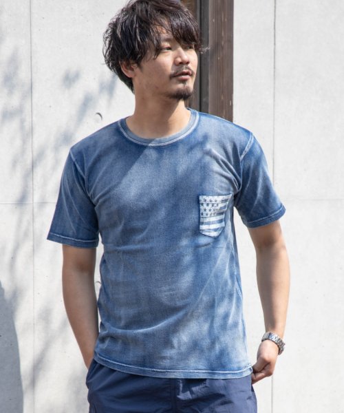 Nylaus(ナイラス)/インディゴ染め 星条旗プリント ポケット付き クルーネック 半袖 Tシャツ/ネイビー