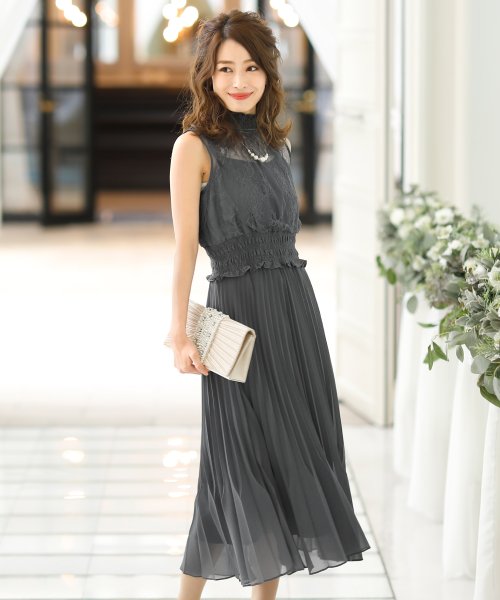 シャーリングプリーツ レースドレス ロングスカート 結婚式ワンピース 二次会 謝恩会 セレモニー大きいサイズ対応フォーマルパーティードレス プールヴー Pourvous Magaseek