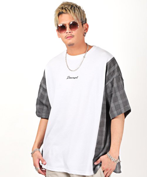 チェック切替刺繍入りbig半袖tシャツ Tシャツ メンズ 半袖 5分袖 ビッグシルエット チェック柄 切替 ロゴ 刺繍 ラグスタイル Luxstyle Magaseek