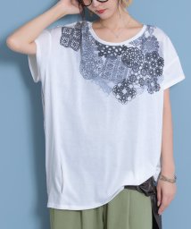 osharewalker(オシャレウォーカー)/『レースプリント×ストライプTシャツ』/オフホワイト