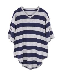 and it_(アンドイット)/tシャツ ロング丈 レディース ロールアップスリーブワイドカットソー カットソー 半袖 大人カジュアル コットン カジュアル トップス ワイド ボーダー 無地 /ネイビー系5