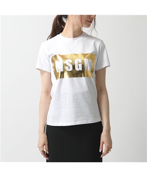 MSGM(MSGM)/【MSGM(エムエスジーエム)】2841 MDM95 カラー2色 半袖 Tシャツ メタリックプリント ボックスロゴ カットソー クルーネック 丸首 レディース/ホワイト