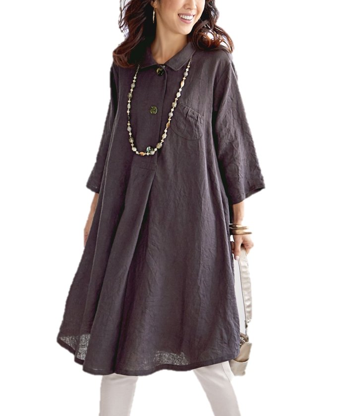 ベルーナ Belluna 麻混素材フレアーワンピースチュニック ブラウン ベルーナ Belluna Magaseek