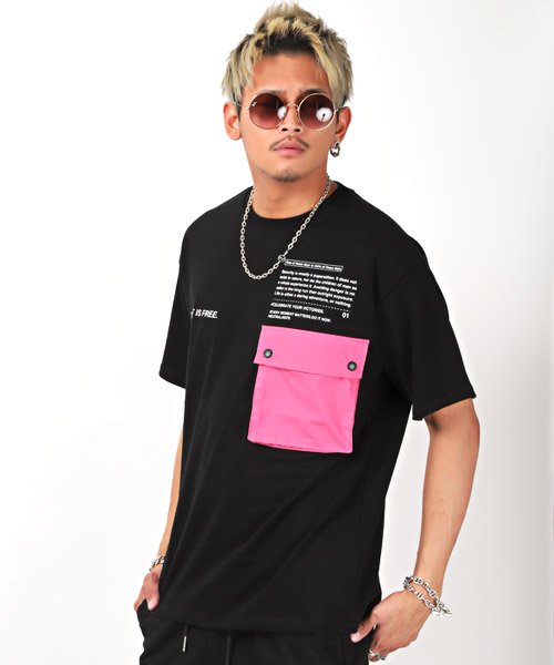 LUXSTYLE(ラグスタイル)/配色ポケット半袖Tシャツ/Tシャツ メンズ 半袖 ビッグシルエット ポケット ロゴ プリント/ブラック
