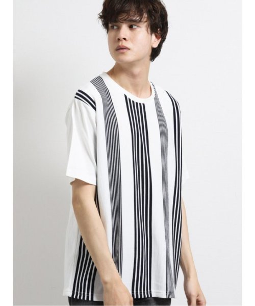 semanticdesign(セマンティックデザイン)/前身リップルストライプ クルーネック半袖Tシャツ/ホワイト