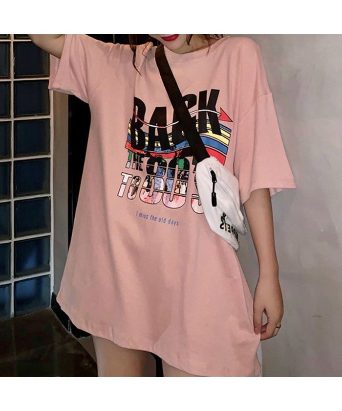 セール プリントtシャツ レディース 半袖 ロングtシャツ カジュアル トップス春夏 おしゃれ カットソー ロップショルダー ミニミニストア Miniministore Magaseek