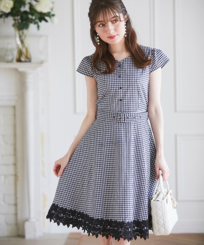 セール ベルト付きフラワーレース装飾ギンガムチェックワンピース トッコクローゼット Tocco Closet Magaseek