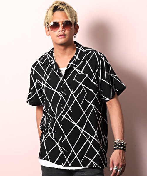 セール 幾何学模様オープンカラーシャツ シャツ メンズ 半袖 オープンカラー 開襟 幾何学 模様 総柄 ラグスタイル Luxstyle Magaseek