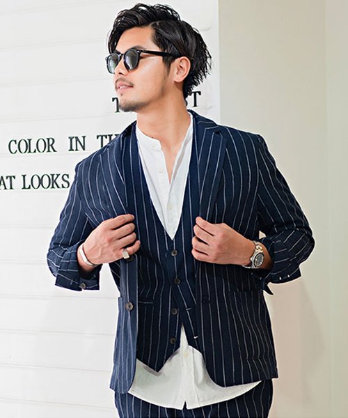 Cavaria 綿麻ストライプテーラードジャケット メンズ アウター ジャケット コットンリネン ストレッチ M L ストライプ ホワイト ブラック 白 黒 リ キャバリア Cavaria Magaseek