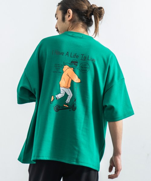 Rocky Monroe(ロッキーモンロー)/Tシャツ メンズ レディース 半袖 ビッグシルエット プリント スケーター キックボード カジュアル ストリート ルーズ ボックス 綿 コットン ポンチ素材 重/グリーン