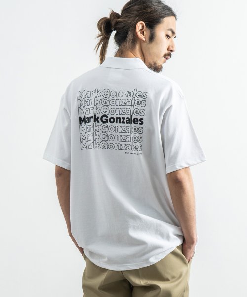 Rocky Monroe(ロッキーモンロー)/MARK GONZALES マークゴンザレス ポロシャツ 半袖 メンズ レディース ビッグシルエット カジュアル ストリート シンプル 綿 コットン プリント /ホワイト