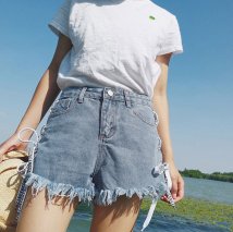 セール デニム ショートパンツ レディース ダメージ ショーパン ハイウエスト 短パン ロープ ジーンズ 黒 カジュアル ボトムス ミニミニストア Miniministore Magaseek