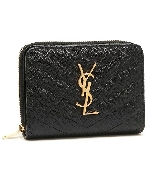 【人気】サンローラン 三つ折り財布 グレー ゴールドロゴ YSL レディース