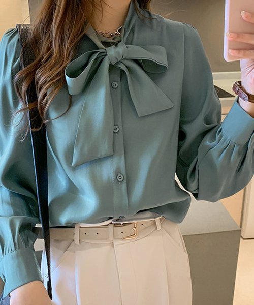 セール リボンタイ付き ブラウス レディース 長袖 サテン ブラウス ボウタイ付き 無地ビジネスシャツ 通勤ol トップス おしゃれ ミニミニストア Miniministore Magaseek