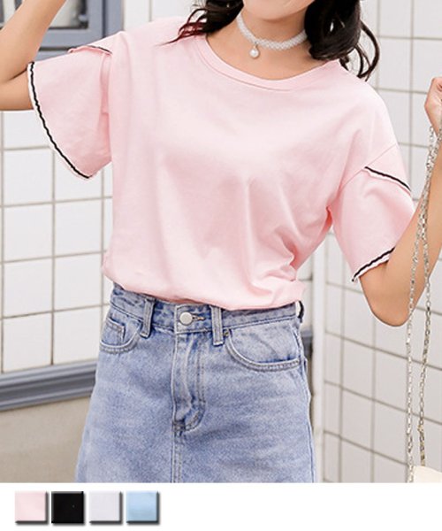 セール Tシャツ半袖 トップス レディース 半袖 ラウンドネック 袖フリル カラー 無地 シンプル カットソーカジュアル ショッピングゴー Shoppinggo Magaseek