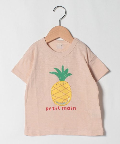 petit main(プティマイン)/南国シアーアップリケTシャツ/ピーチ