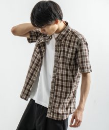 Rocky Monroe(ロッキーモンロー)/総柄シャツ メンズ 半袖 白シャツ ボタンダウン ホワイト ビジネス 無地 チェック オックスフォード 日本製 国産 Upscape Audience AUD1/ブラウン