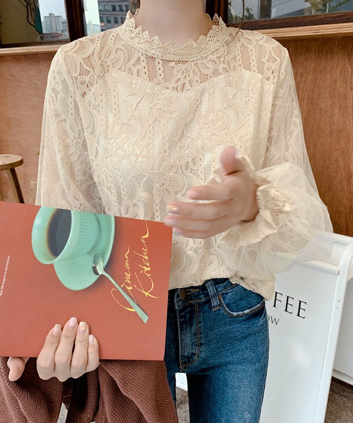セール 刺しゅうレース ブラウス レディース ランタンスリーブ 花柄 シャツ 長袖 シースルー フラワーレース トップス プチハイネック ミニミニストア Miniministore Magaseek