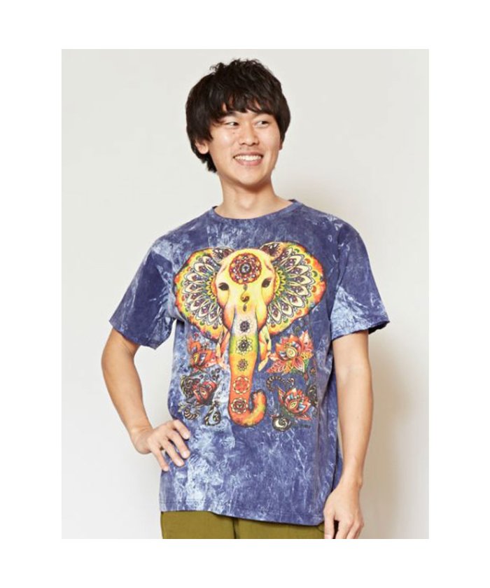 チャイハネ エスニック柄メンズtシャツ ブルー 503323240 チャイハネ Cayhane Magaseek