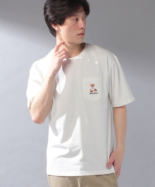 STYLEBLOCK(スタイルブロック)/テディベア刺繍ポケット付き半袖Tシャツカットソー/オフ